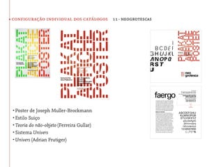• configuração individual dos catálogos 11· neogrotescas




 •	Poster de Joseph Muller-Brockmann
 •	Estilo Suiço
 •	Teoria do não-objeto (Ferreira Gullar)
 •	Sistema Univers
 •	Univers (Adrian Frutiger)
 