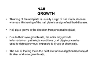 NAIL
GROWTH
• Thinning of the nail plate is usually a sign of nail matrix disease
whereas thickening of the nail plate is a sign of nail bed disease.
• Nail plate grows in the direction from proximal to distal.
• Due to their slow growth rate, the nails may provide
information on pathologic conditions ,nail clippings can be
used to detect previous exposure to drugs or chemicals.
• The nail of the big toe is the best site for investigation because of
its size and slow growth rate.
 