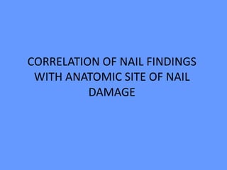 CORRELATION OF NAIL FINDINGS
WITH ANATOMIC SITE OF NAIL
DAMAGE
 
