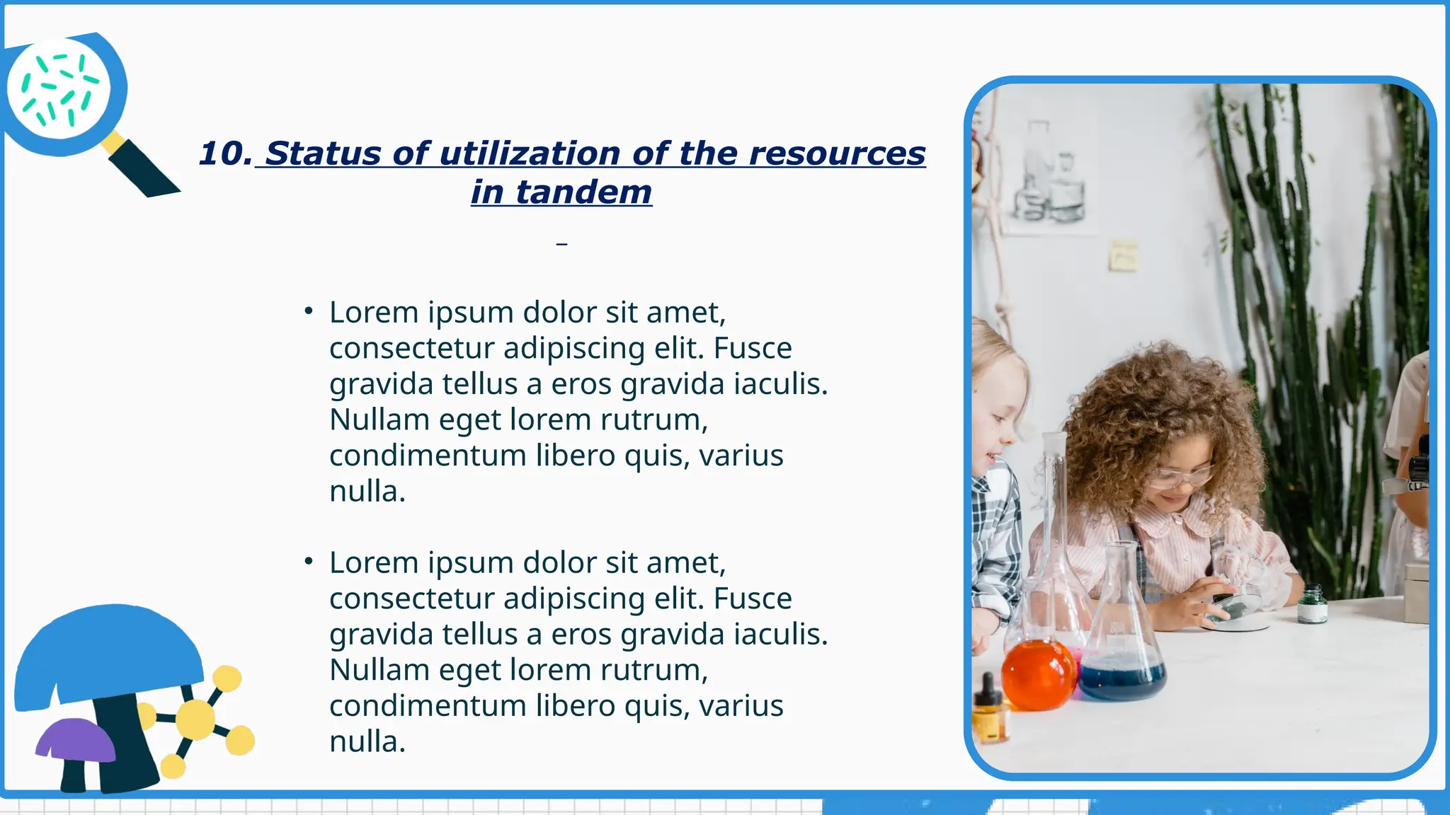 • Lorem ipsum dolor sit amet,
consectetur adipiscing elit. Fusce
gravida tellus a eros gravida iaculis.
Nullam eget lorem rutrum,
condimentum libero quis, varius
nulla.
• Lorem ipsum dolor sit amet,
consectetur adipiscing elit. Fusce
gravida tellus a eros gravida iaculis.
Nullam eget lorem rutrum,
condimentum libero quis, varius
nulla.
10. Status of utilization of the resources
in tandem
 