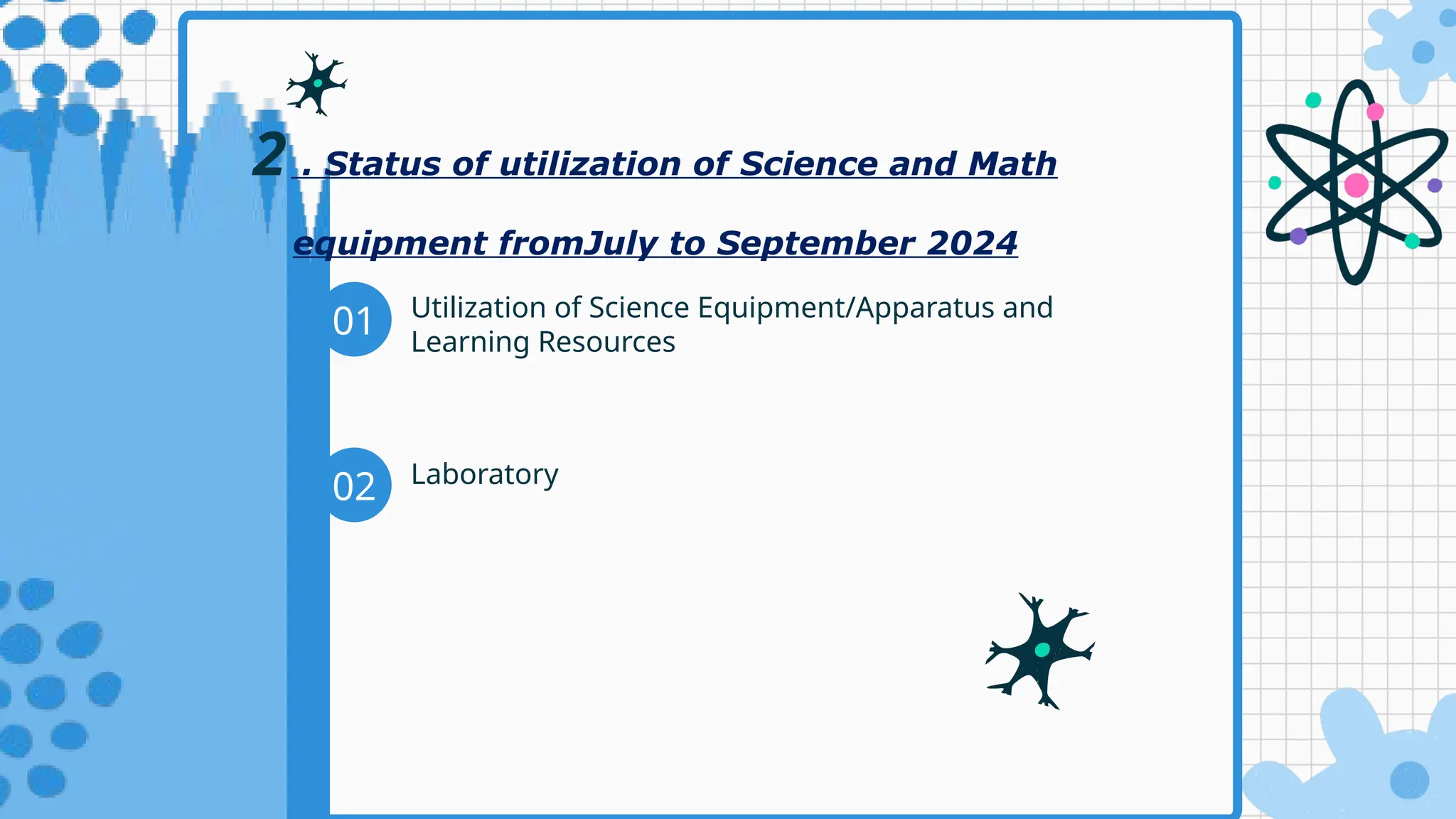 01
02
2 . Status of utilization of Science and Math
equipment fromJuly to September 2024
Utilization of Science Equipment/Apparatus and
Learning Resources
Laboratory
 