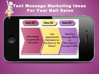 Text Message Marketing Ideas
For Your Nail Salon
Idea #1Idea #1 Idea #2Idea #2 Idea #3Idea #3
Use
Appointment
Reminders to
Cut Down on “No-
Shows”
Offer Mobile
Coupons and
Discounts
Send Text
Message Offers
on
Slow Days to
Increase Traffic
 