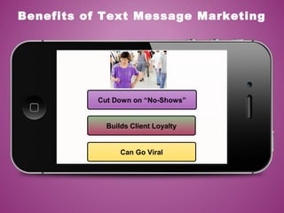 Cut Down on “No-Shows”
Builds Client Loyalty
Can Go Viral
Benefits of Text Message Marketing
 