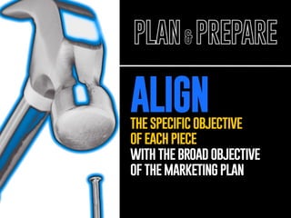 nail
ALIGN

PLAN & PREPARE

the specific objective
of each piece
with the broad objective
of the marketing plan

 