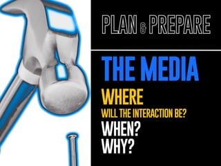 nail
THE MEDIA

PLAN & PREPARE

WHERE
WILL THE INTERACTION BE?

WHEN?
WHY?

 