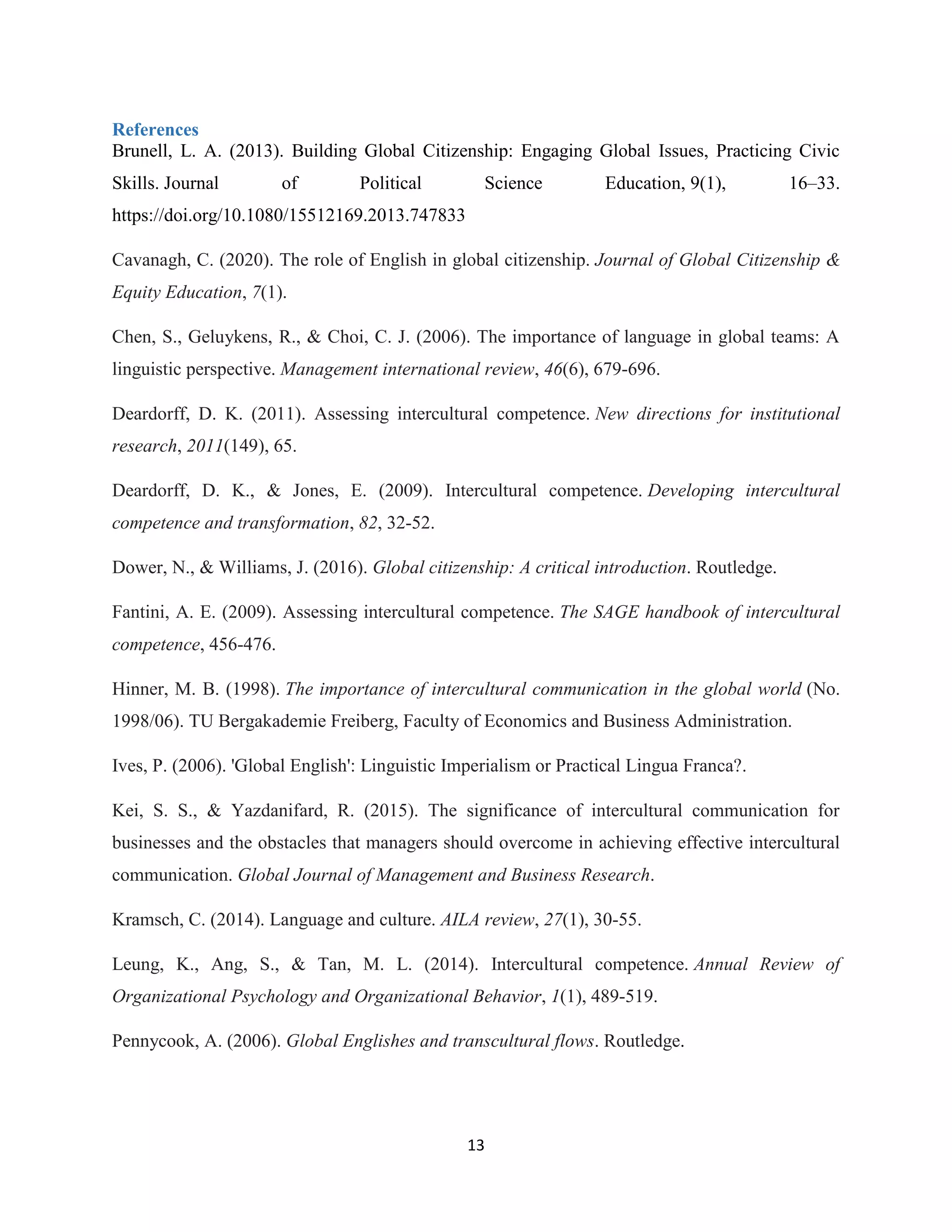 13
References
Brunell, L. A. (2013). Building Global Citizenship: Engaging Global Issues, Practicing Civic
Skills. Journal of Political Science Education, 9(1), 16–33.
https://doi.org/10.1080/15512169.2013.747833
Cavanagh, C. (2020). The role of English in global citizenship. Journal of Global Citizenship &
Equity Education, 7(1).
Chen, S., Geluykens, R., & Choi, C. J. (2006). The importance of language in global teams: A
linguistic perspective. Management international review, 46(6), 679-696.
Deardorff, D. K. (2011). Assessing intercultural competence. New directions for institutional
research, 2011(149), 65.
Deardorff, D. K., & Jones, E. (2009). Intercultural competence. Developing intercultural
competence and transformation, 82, 32-52.
Dower, N., & Williams, J. (2016). Global citizenship: A critical introduction. Routledge.
Fantini, A. E. (2009). Assessing intercultural competence. The SAGE handbook of intercultural
competence, 456-476.
Hinner, M. B. (1998). The importance of intercultural communication in the global world (No.
1998/06). TU Bergakademie Freiberg, Faculty of Economics and Business Administration.
Ives, P. (2006). 'Global English': Linguistic Imperialism or Practical Lingua Franca?.
Kei, S. S., & Yazdanifard, R. (2015). The significance of intercultural communication for
businesses and the obstacles that managers should overcome in achieving effective intercultural
communication. Global Journal of Management and Business Research.
Kramsch, C. (2014). Language and culture. AILA review, 27(1), 30-55.
Leung, K., Ang, S., & Tan, M. L. (2014). Intercultural competence. Annual Review of
Organizational Psychology and Organizational Behavior, 1(1), 489-519.
Pennycook, A. (2006). Global Englishes and transcultural flows. Routledge.
 