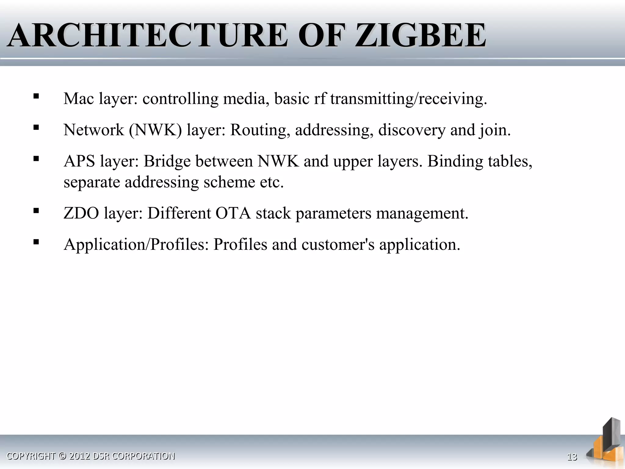 COPYRIGHT © 2012 DSR CORPORATIONCOPYRIGHT © 2012 DSR CORPORATION 1313
 Mac layer: controlling media, basic rf transmitting/receiving.
 Network (NWK) layer: Routing, addressing, discovery and join.
 APS layer: Bridge between NWK and upper layers. Binding tables,
separate addressing scheme etc.
 ZDO layer: Different OTA stack parameters management.
 Application/Profiles: Profiles and customer's application.
ARCHITECTURE OF ZIGBEEARCHITECTURE OF ZIGBEE
 