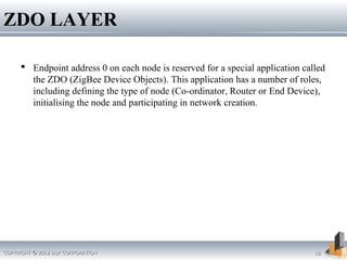 ZDO LAYERZDO LAYER
 Endpoint address 0 on each node is reserved for a special application called
the ZDO (ZigBee Device Objects). This application has a number of roles,
including defining the type of node (Co-ordinator, Router or End Device),
initialising the node and participating in network creation.
COPYRIGHT © 2012 DSR CORPORATIONCOPYRIGHT © 2012 DSR CORPORATION 1818
 