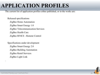 COPYRIGHT © 2012 DSR CORPORATIONCOPYRIGHT © 2012 DSR CORPORATION 2020
The current list of application profiles either published, or in the works are:
Released specifications
ZigBee Home Automation
ZigBee Smart Energy 1.0
ZigBee Telecommunication Services
ZigBee Health Care
ZigBee RF4CE - Remote Control
Specifications under development
ZigBee Smart Energy 2.0
ZigBee Building Automation
ZigBee Retail Services
ZigBee Light Link
.
APPLICATION PROFILES
 