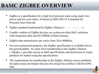 COPYRIGHT © 2012 DSR CORPORATIONCOPYRIGHT © 2012 DSR CORPORATION 55
BASIC ZIGBEE OVERVIEWBASIC ZIGBEE OVERVIEW
 ZigBee is a specification for a high level protocol stack using small, low-
power and low-cost radios. It based on IEEE 802.15.4 standard for
Personal Area Network.
 ZigBee standard maintained be ZigBee Alliance (www.zigbee.org)
 Usually vendors of ZigBee devices use system-on-chip (SoC) solutions
with integrated radio and 60-250KB of flash memory.
 ZigBee data transmission rate varies from 20 to 900kbits.
 For non-commercial purposes, the ZigBee specification is available free to
the general public. An entry level membership in the ZigBee Alliance
( Adopter ), provides access to draft specifications and permission to create
products for market using the specifications.
 The requirements for membership in the ZigBee Alliance causes problems
for open-source developers because the annual fee conflicts with the GNU
GPL
 