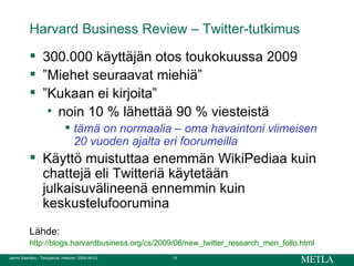 Harvard Business Review – Twitter-tutkimus 300.000 käyttäjän otos toukokuussa 2009 ” Miehet seuraavat miehiä” ” Kukaan ei kirjoita” noin 10 % lähettää 90 % viesteistä tämä on normaalia – oma havaintoni viimeisen 20 vuoden ajalta eri foorumeilla Käyttö muistuttaa enemmän WikiPediaa kuin chattejä eli Twitteriä käytetään julkaisuvälineenä ennemmin kuin keskustelufoorumina Lähde:  http:// blogs.harvardbusiness.org / cs /2009/06/ new_twitter_research_men_follo.html 