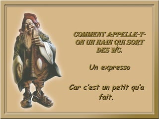 Comment appelle-t-on un nain qui sort des WC. Un expresso Car c’est un petit qu’a fait. 