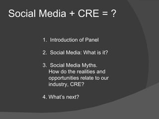 Social Media + CRE = ? ,[object Object],[object Object],[object Object],[object Object]