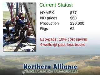 Current Status: NYMEX $77 ND prices $68 Production 230,000 Rigs 62 Eco-pads: 10% cost saving 4 wells @ pad; less trucks 