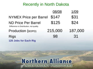 Recently in North Dakota    08/08 1/09 NYMEX Price per Barrel  $147   $31 ND Price Per Barrel    $125   $24 Difference is Distribution, not quality Production ( BOPD)   215,000  187,000 Rigs   98   31 120 Jobs for Each Rig 