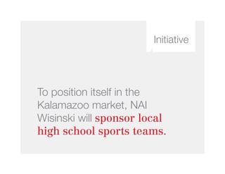 Initiative
To position itself in the
Kalamazoo market, NAI
Wisinski will sponsor local
high school sports teams.
 