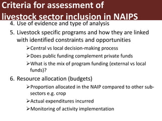 Assessing the inclusion of livestock Sector in NAIPs: Preliminary case study of Uganda, Mozambique, Kenya, Rwanda and Nigeria