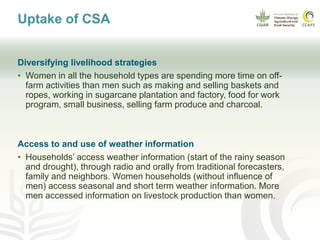 Uptake of CSA
Diversifying livelihood strategies
• Women in all the household types are spending more time on off-
farm ac...
