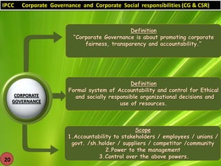 IPCC

Corporate Governance and Corporate Social responsibilities (CG & CSR)

Definition
“Corporate Governance is about promoting corporate
fairness, transparency and accountability.”

CORPORATE
GOVERNANCE

20

Definition
Formal system of Accountability and control for Ethical
and socially responsible organizational decisions and
use of resources.

Scope
1.Accountability to stakeholders / employees / unions /
govt. /sh.holder / suppliers / competitor /community
2.Power to the management
3.Control over the above powers.

 