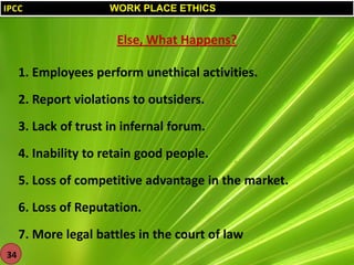 IPCC

WORK PLACE ETHICS

Else, What Happens?

1. Employees perform unethical activities.
2. Report violations to outsiders.

3. Lack of trust in infernal forum.
4. Inability to retain good people.

5. Loss of competitive advantage in the market.
6. Loss of Reputation.
7. More legal battles in the court of law
34

 