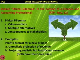 IPCC

ETHICS IN ACCOUNTING & FINANCE

Explain “Ethical Dilemma” in the context of a Finance and
Accounting Professional.
(RTP - Nov. 11)
1. Ethical Dilemma
a. Value-conflicts
b. Multiple alternatives
c. Consequences to stakeholders
2. Examples:
C.A.
Profit Forecast for a new project
a. Unrealistic projection of revenue
b. Projecting realistic but insufficient revenue.
(Both have their own risks)
62

 