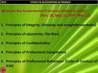 IPCC

ETHICS IN ACCOUNTING & FINANCE

What are the Fundamental Principles related to ethics.
(Nov. 10, May 11, RTP - Nov. 11)
1. Principles of Integrity: (Honesty and straightforwardness)
2. Principles of objectivity: (No Bias)

3. Principles of Confidentiality:
4. Principles of Professional Competence

5. Principles of Professional Behaviour: (Code of Conduct of
ICAI)
63

 