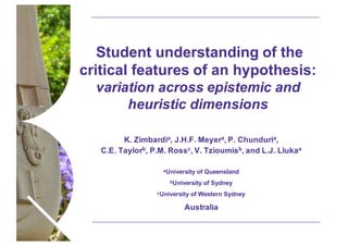 Name of presentation Month2008
Student understanding of the
critical features of an hypothesis:
variation across epistemic and
heuristic dimensions
K. Zimbardia, J.H.F. Meyera, P. Chunduria,
C.E. Taylorb, P.M. Rossc, V. Tzioumisb, and L.J. Llukaa
aUniversity of Queensland
bUniversity of Sydney
cUniversity of Western Sydney
Australia
 
