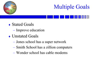 Multiple Goals

Stated Goals
– Improve education
– Meet government standards
Unstated Goals
– Jones school has a super network
– Smith School has a zillion computers
– Wonder school has cable modems
 