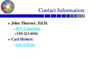 Contact Information

John Thurner, Ed.D.
– JKT-Consulting
– (339) 221-0502
Carl Hobert
– Axis of Hope
 