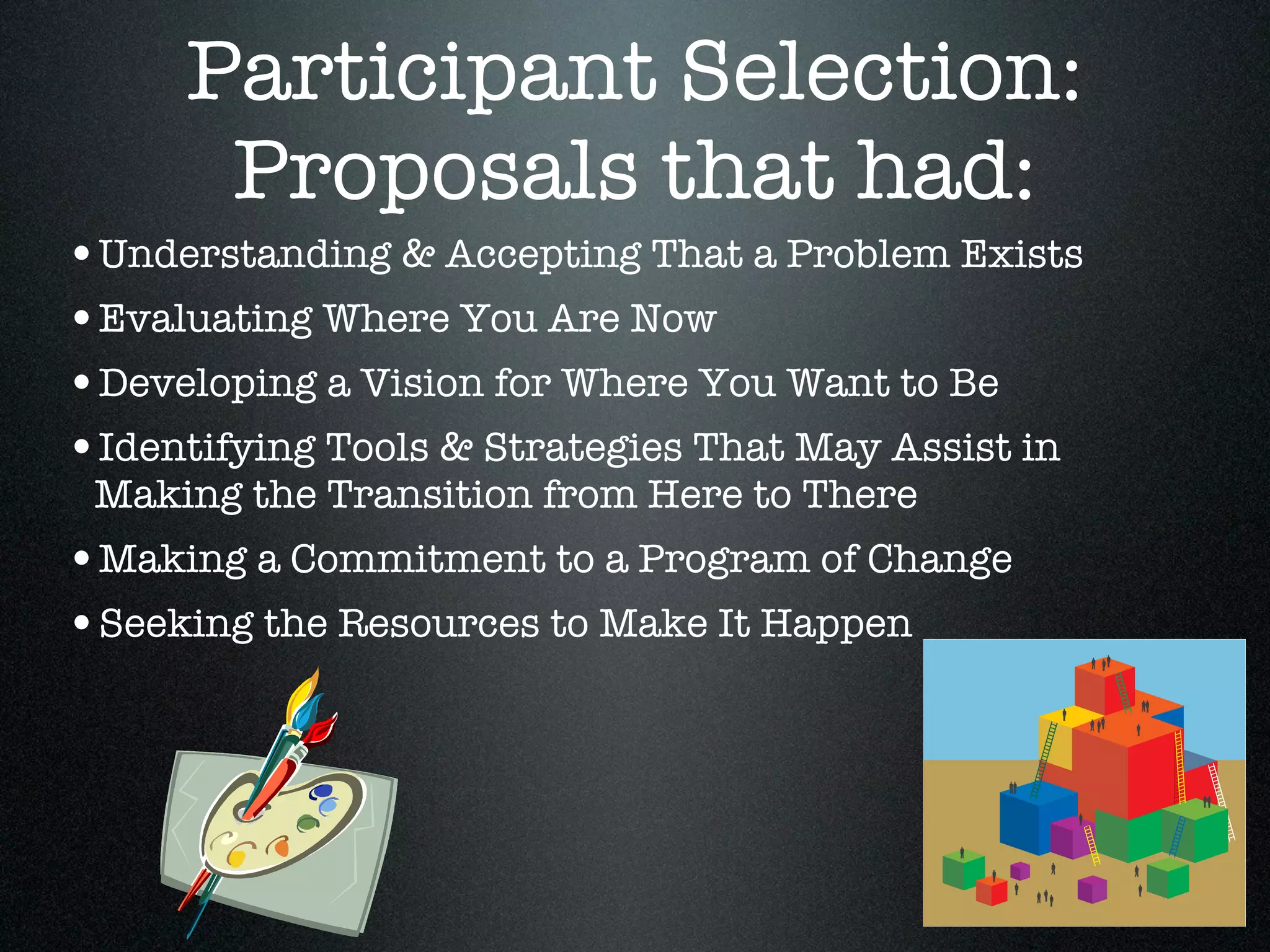 Participant Selection:
      Proposals that had:
•Understanding & Accepting That a Problem Exists
•Evaluating Where You Are Now
•Developing a Vision for Where You Want to Be
•Identifying Tools & Strategies That May Assist in
 Making the Transition from Here to There
•Making a Commitment to a Program of Change
•Seeking the Resources to Make It Happen
 