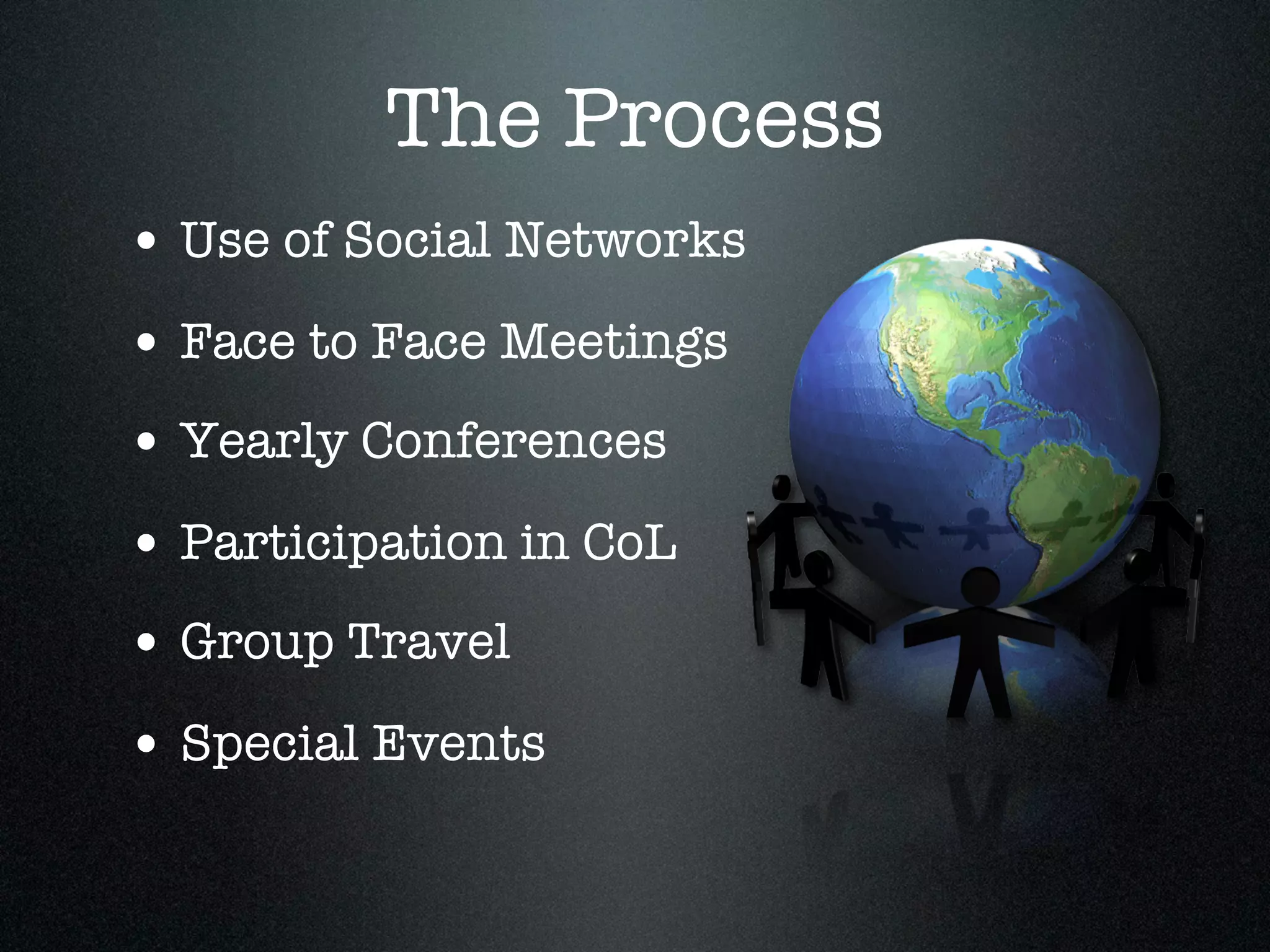 The Process
• Use of Social Networks
• Face to Face Meetings
• Yearly Conferences
• Participation in CoL
• Group Travel
• Special Events
 