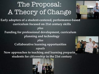 The Proposal:
    A Theory of Change
Early adopters of a student-centered, performance-based
         curriculum focused on 21st century skills
                           plus
  Funding for professional development, curriculum
                 planning and technology
                           plus
          Collaborative learning opportunities
                          equals
  New approaches to teaching and learning preparing
        students for citizenship in the 21st century
 