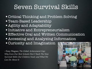 Seven Survival Skills
•Critical Thinking and Problem Solving
•Team-Based Leadership
•Agility and Adaptability
•Initiative and Entrepreneurialism
•Effective Oral and Written Communication
•Accessing and Analyzing Information
•Curiosity and Imagination
~Tony Wagner, The Global Achievement Gap:
Why Even Our Best Schools Don’t Teach The New
Survival Skills Our Children Need--and What We
Can Do About It
 