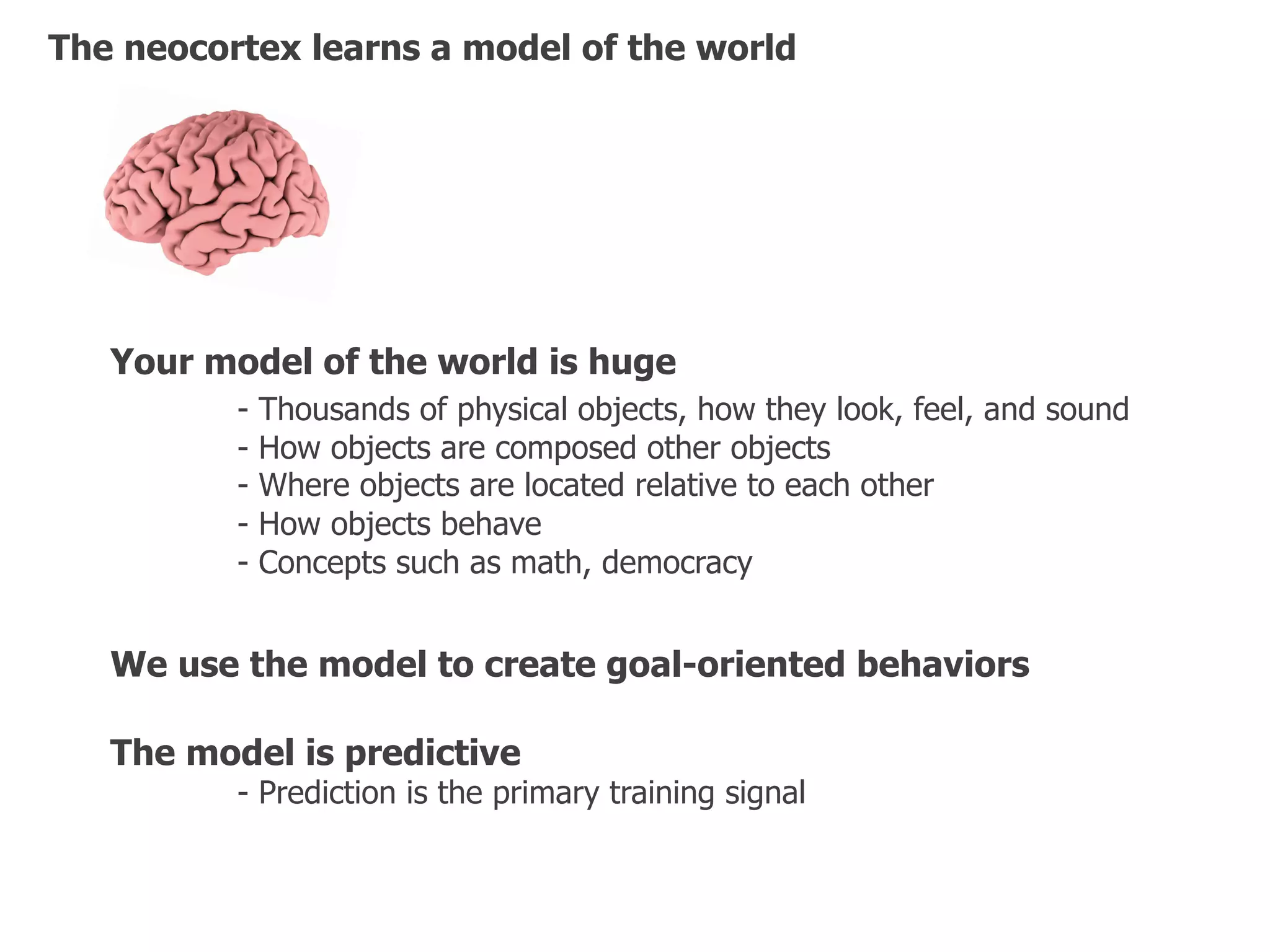 The neocortex learns a model of the world
Your model of the world is huge
- Thousands of physical objects, how they look, feel, and sound
- How objects are composed other objects
- Where objects are located relative to each other
- How objects behave
- Concepts such as math, democracy
We use the model to create goal-oriented behaviors
The model is predictive
- Prediction is the primary training signal
 