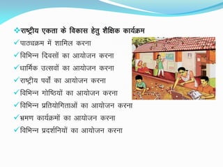 jk"Vªh; ,drk ds fodkl gsrq 'kSf{kd dk;ZØe
ikBîØe esa 'kkfey djuk
fofHkUu fnolksa dk vk;kstu djuk
/kkfeZd mRloksa dk vk;kstu djuk
jk"Vªh; ioksZa dk vk;kstu djuk
fofHkUu xksf"B;ksa dk vk;kstu djuk
fofHkUu izfr;ksfxrkvksa dk vk;kstu djuk
Hkze.k dk;ZØeksa dk vk;kstu djuk
fofHkUu izn'kZfu;ksa dk vk;kstu djuk
 