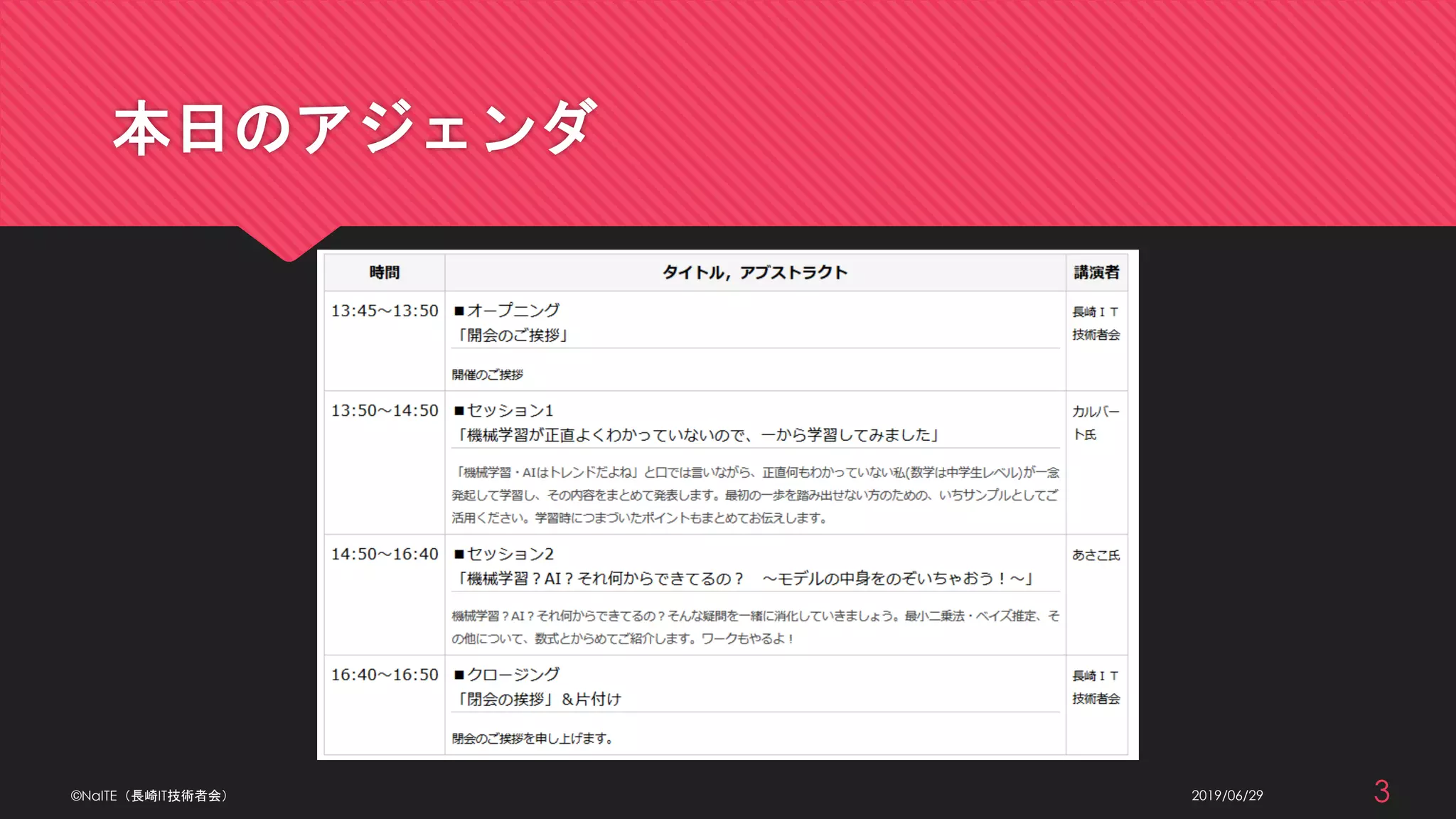 本日のアジェンダ
2019/06/29©NaITE（長崎IT技術者会） 3
 