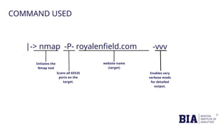 |-> nmap -P- royalenfield.com
Initiates the
Nmap tool
Scans all 65535
ports on the
target.
website name
(target)
COMMAND USED
Enables very
verbose mode
for detailed
output.
-vvv
 