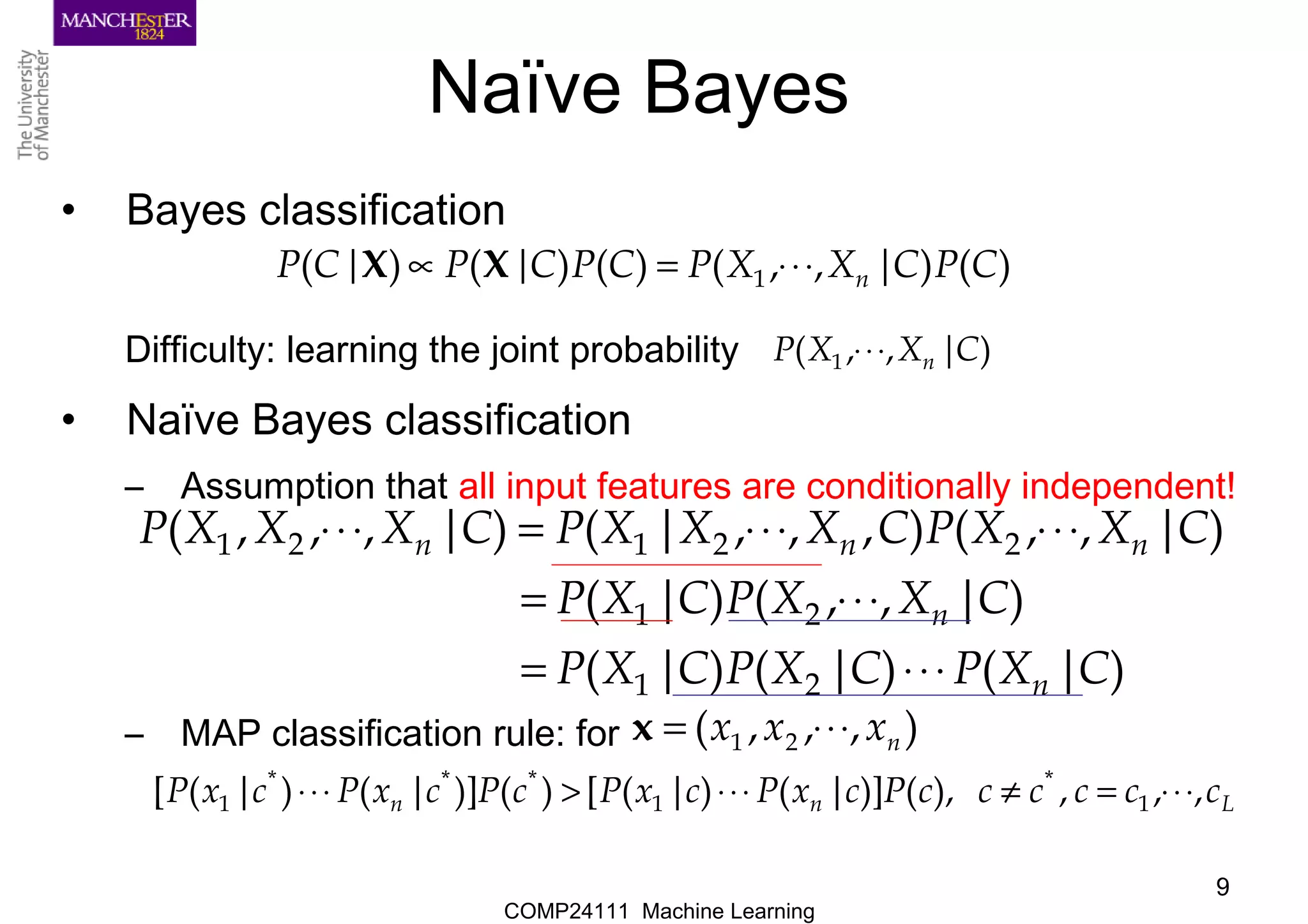 COMP24111 Machine Learning
9
Naïve Bayes
• Bayes classification
Difficulty: learning the joint probability
• Naïve Bayes classification
– Assumption that all input features are conditionally independent!
– MAP classification rule: for
)()|,,()()()( 1 CPCXXPCPC|P|CP n⋅⋅⋅=∝ XX
)|,,( 1 CXXP n⋅⋅⋅
)|()|()|(
)|,,()|(
)|,,(),,,|()|,,,(
21
21
22121
CXPCXPCXP
CXXPCXP
CXXPCXXXPCXXXP
n
n
nnn
⋅⋅⋅=
⋅⋅⋅=
⋅⋅⋅⋅⋅⋅=⋅⋅⋅
Lnn ccccccPcxPcxPcPcxPcxP ,,,),()]|()|([)()]|()|([ 1
*
1
***
1 ⋅⋅⋅=≠⋅⋅⋅>⋅⋅⋅
),,,( 21 nxxx ⋅⋅⋅=x
 