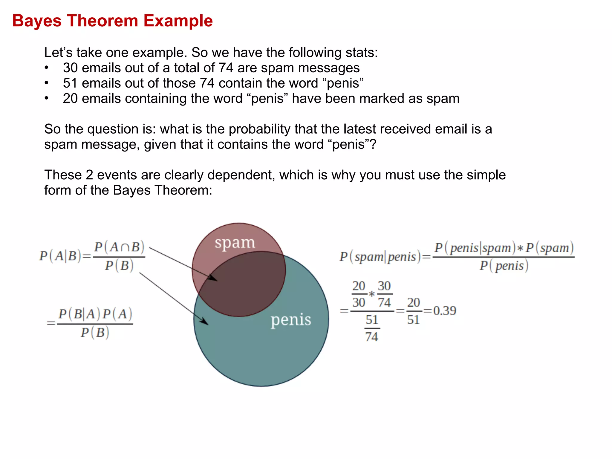 Bayes Theorem Example
Let’s take one example. So we have the following stats:
• 30 emails out of a total of 74 are spam messages
• 51 emails out of those 74 contain the word “penis”
• 20 emails containing the word “penis” have been marked as spam
So the question is: what is the probability that the latest received email is a
spam message, given that it contains the word “penis”?
These 2 events are clearly dependent, which is why you must use the simple
form of the Bayes Theorem:
 