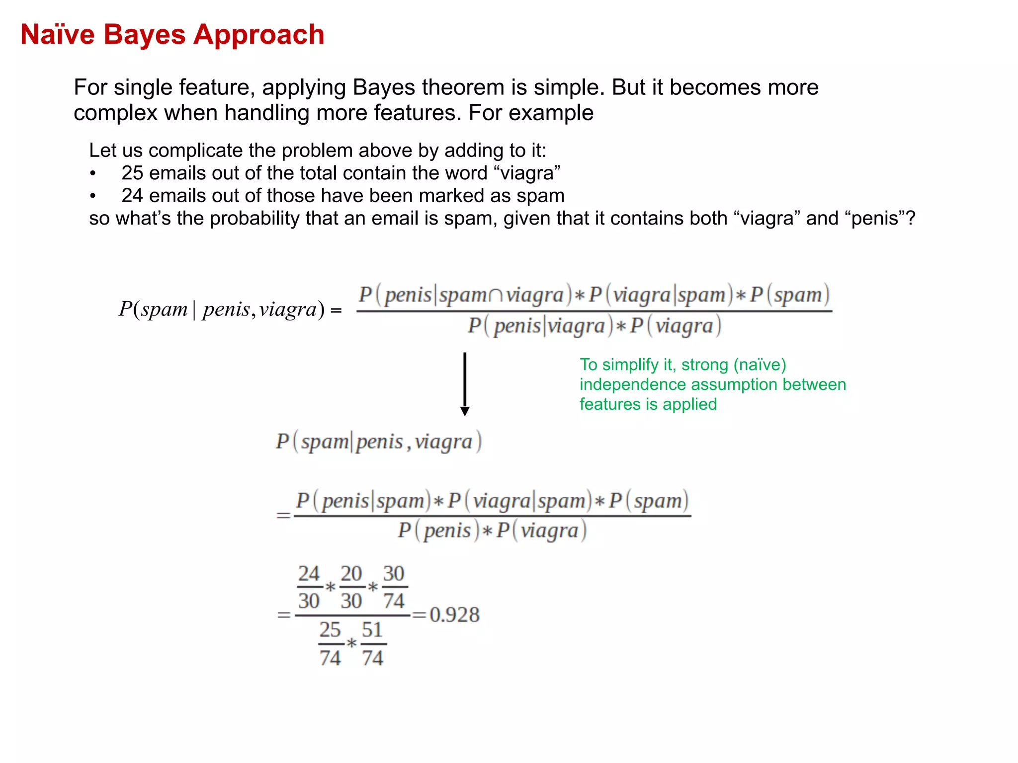 Naïve Bayes Approach
For single feature, applying Bayes theorem is simple. But it becomes more
complex when handling more features. For example
=),|( viagrapenisspamP
To simplify it, strong (naïve)
independence assumption between
features is applied
Let us complicate the problem above by adding to it:
• 25 emails out of the total contain the word “viagra”
• 24 emails out of those have been marked as spam
so what’s the probability that an email is spam, given that it contains both “viagra” and “penis”?
 