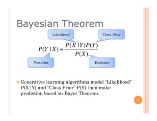 Bayesian Theorem
                     Likelihood         Class Prior


                      P(X |Y )P(Y )
           P(Y | X) =
                         P(X)
         Posterior                  Evidence




€  Generative learning algorithms model “Likelihood”
   P(X|Y) and “Class Prior” P(Y) then make
   prediction based on Bayes Theorem.
                                                        6
 