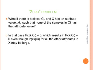 “ZERO” PROBLEM
   What if there is a class, Ci, and X has an attribute
    value, xk, such that none of the samples in Ci has




                                                             http://ashrafsau.blogspot.in/
    that attribute value?

   In that case P(xk|Ci) = 0, which results in P(X|Ci) =
    0 even though P(xk|Ci) for all the other attributes in
    X may be large.
 