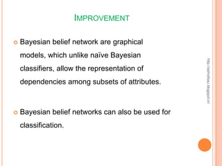 IMPROVEMENT

   Bayesian belief network are graphical
    models, which unlike naïve Bayesian




                                                    http://ashrafsau.blogspot.in/
    classifiers, allow the representation of
    dependencies among subsets of attributes.



   Bayesian belief networks can also be used for
    classification.
 