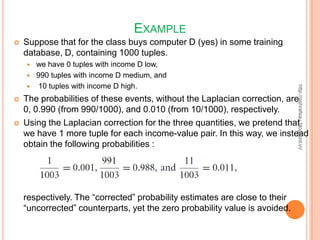 EXAMPLE
   Suppose that for the class buys computer D (yes) in some training
    database, D, containing 1000 tuples.
       we have 0 tuples with income D low,
       990 tuples with income D medium, and
       10 tuples with income D high.




                                                                             http://ashrafsau.blogspot.in/
   The probabilities of these events, without the Laplacian correction, are
    0, 0.990 (from 990/1000), and 0.010 (from 10/1000), respectively.
   Using the Laplacian correction for the three quantities, we pretend that
    we have 1 more tuple for each income-value pair. In this way, we instead
    obtain the following probabilities :




    respectively. The “corrected” probability estimates are close to their
    “uncorrected” counterparts, yet the zero probability value is avoided.
 