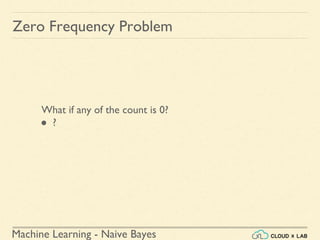 Machine Learning - Naive Bayes
What if any of the count is 0?
● ?
Zero Frequency Problem
 