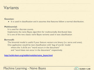 Machine Learning - Naive Bayes
Variants
Gaussian:
● It is used in classification and it assumes that features follow a normal distribution.
Multinomial:
It is used for discrete counts.
Implements the naive Bayes algorithm for multinomially distributed data
It is one of the two classic naive Bayes variants used in text classification
Bernoulli:
The binomial model is useful if your feature vectors are binary (i.e. zeros and ones).
One application would be text classification with ‘bag of words’ model
where the 1s & 0s are “word occurs in the document”
and “word does not occur in the document” respectively.
http://scikit-learn.org/stable/modules/naive_bayes.html
 