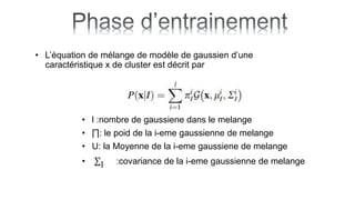 • L’équation de mélange de modèle de gaussien d’une
caractéristique x de cluster est décrit par
• l :nombre de gaussiene dans le melange
• ∏: le poid de la i-eme gaussienne de melange
• U: la Moyenne de la i-eme gaussiene de melange
• I :covariance de la i-eme gaussienne de melange
 