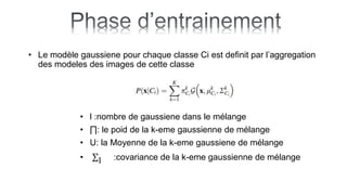 • Le modèle gaussiene pour chaque classe Ci est definit par l’aggregation
des modeles des images de cette classe
• l :nombre de gaussiene dans le mélange
• ∏: le poid de la k-eme gaussienne de mélange
• U: la Moyenne de la k-eme gaussiene de mélange
• I :covariance de la k-eme gaussienne de mélange
 