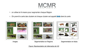 Images Ségementation en Regions Segementation en blobs
• on utilise le K-means pour segmenter chaque Région
• On prend la carte des clusters et chaque cluster est appelé dans la carte
Figure: Représentation de l’alternative de VQ
 