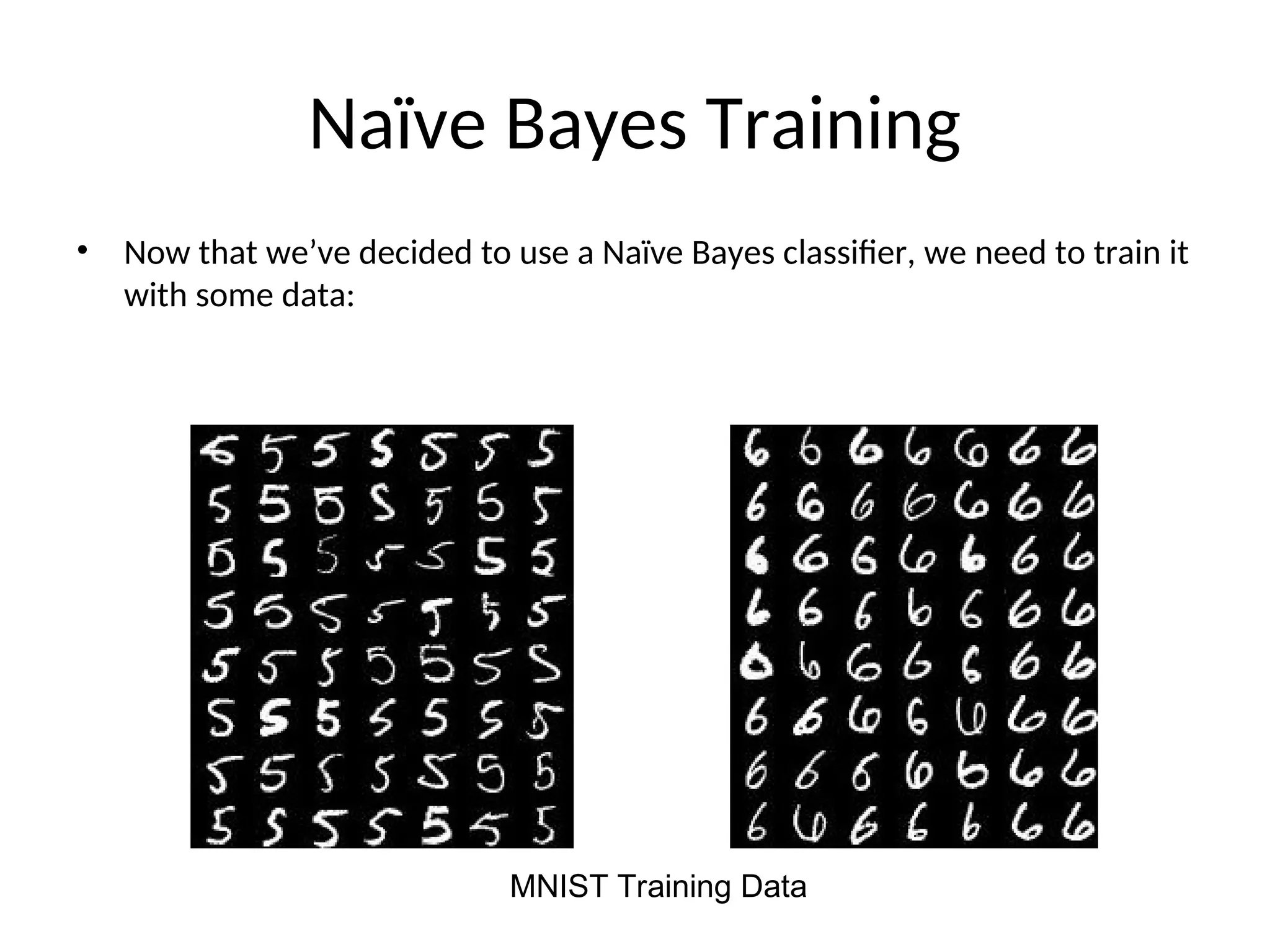 Naïve Bayes Training
• Now that we’ve decided to use a Naïve Bayes classifier, we need to train it
with some data:
MNIST Training Data
 